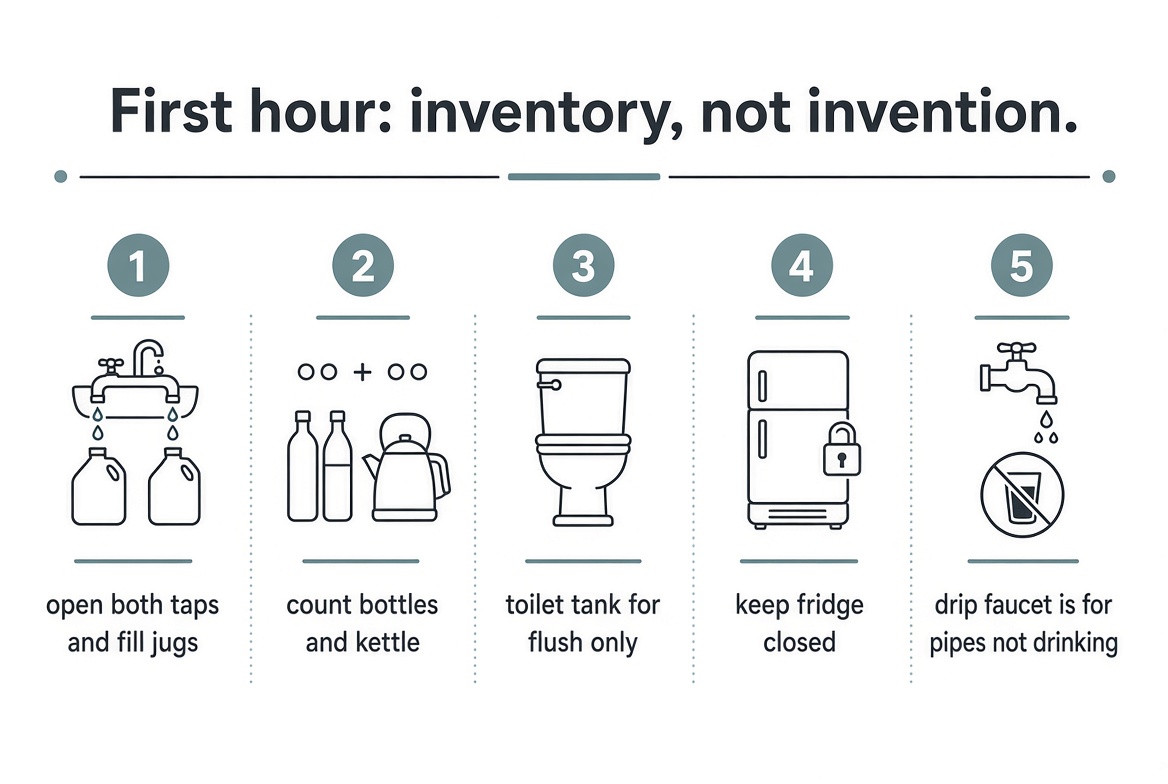 Five-step first-hour water inventory: fill jugs, count bottles, toilet for flush only, fridge closed, drip is for pipes