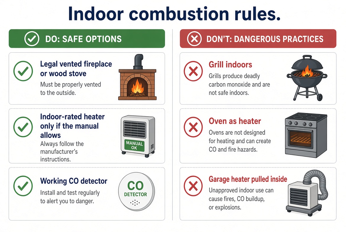 Do and do not list for indoor heat: vented fireplace and CO detector versus grill, oven, or garage heater indoors