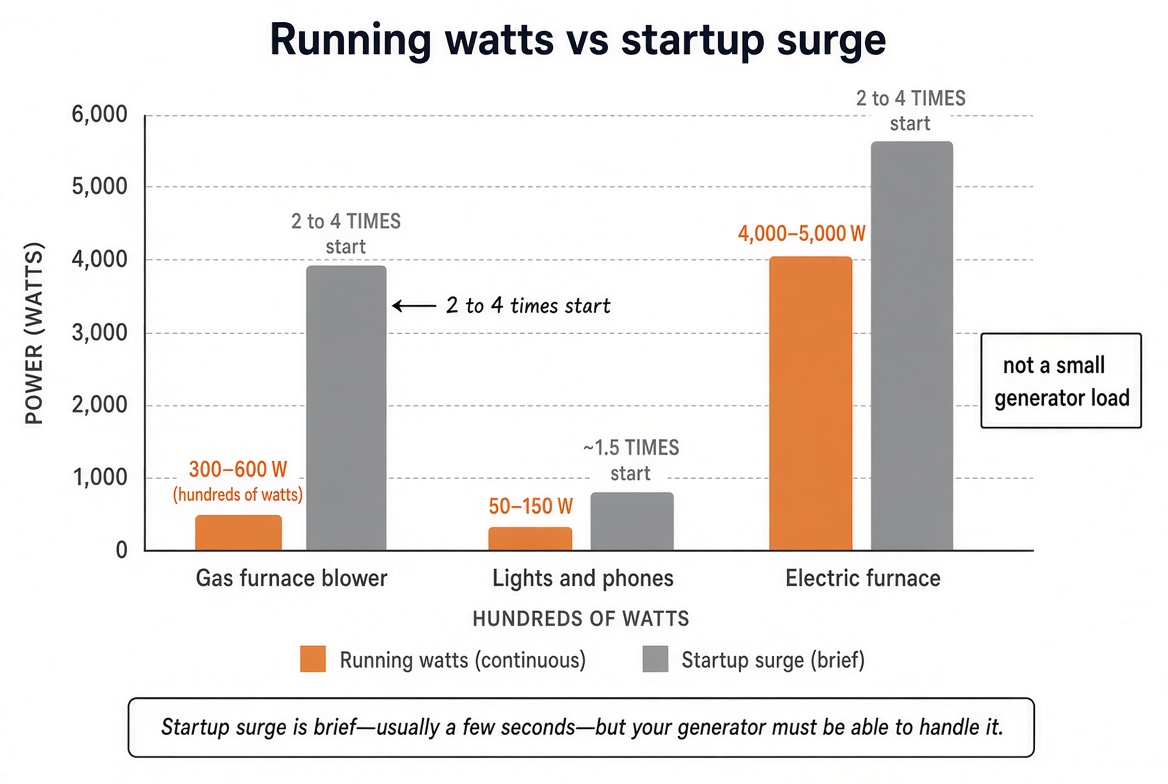 Bar chart comparing running watts and startup surge for a gas furnace blower, lights, and an electric furnace