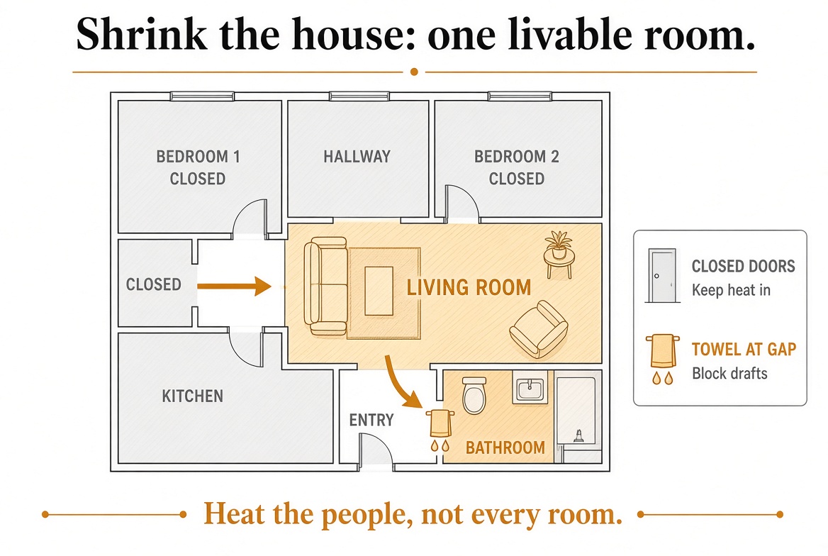Floor plan showing unused rooms closed and one living room plus bathroom kept as the livable zone