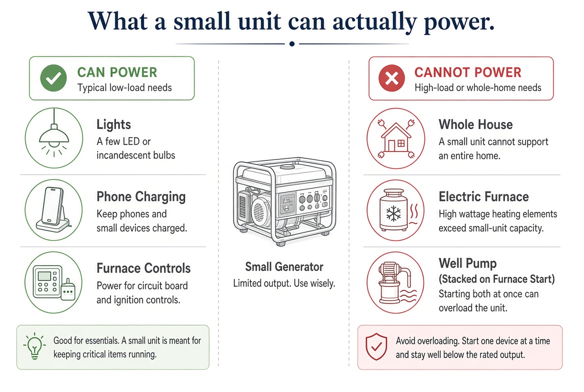 What a small generator can power versus whole-house heat, electric furnace, and a well pump stacked on furnace start