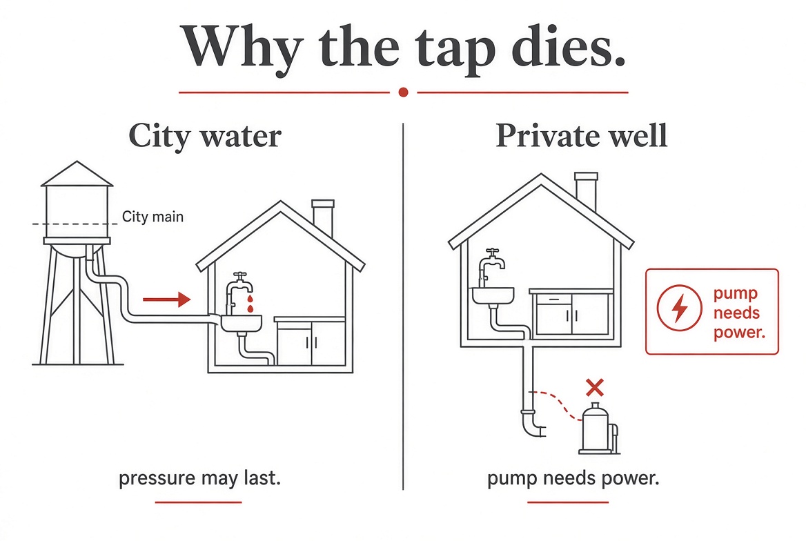 Diagram comparing city water that may keep pressure versus a private well whose pump needs electricity