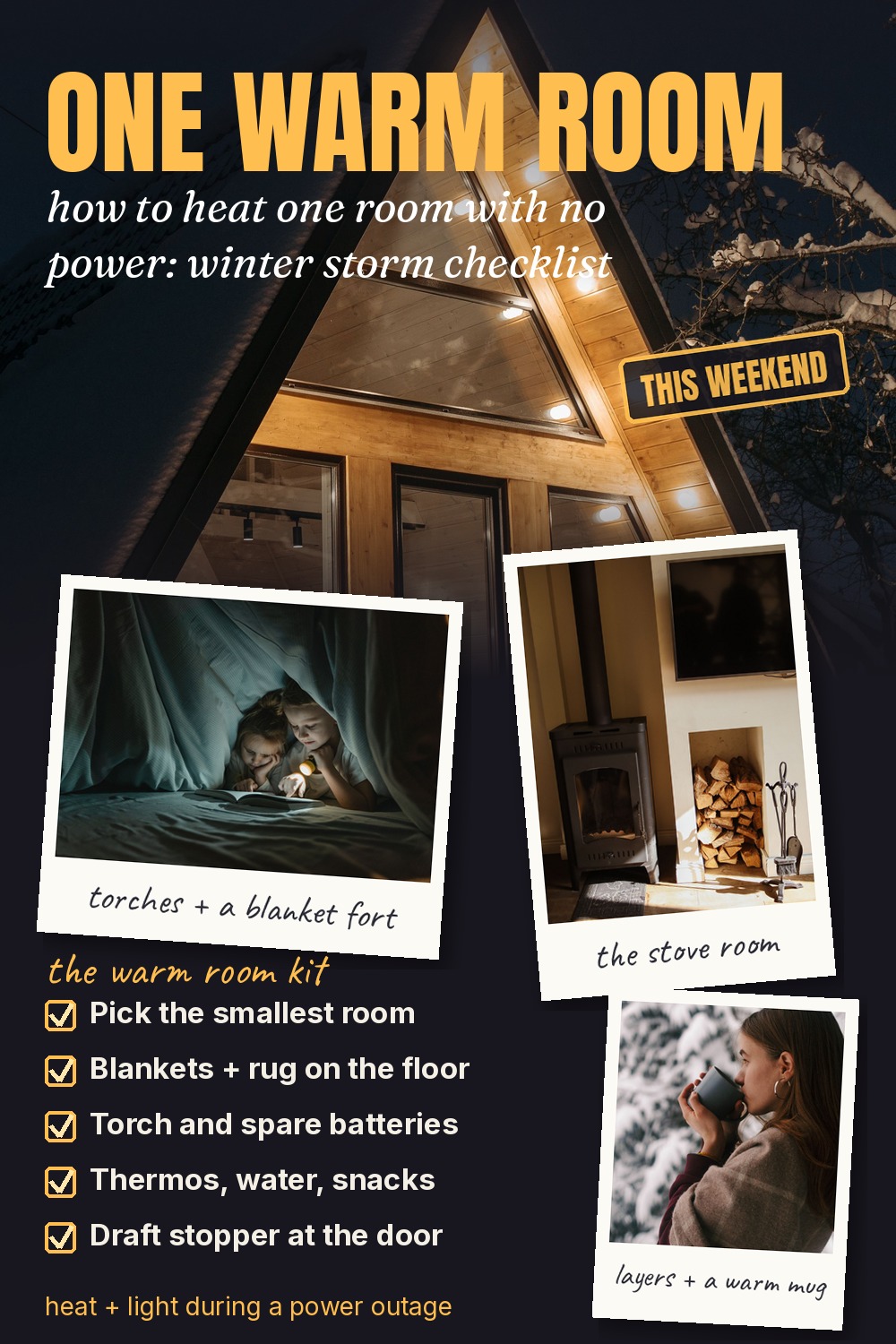 How to heat one room without power: a cosy cabin room, blankets, a stove room and a warm-room checklist.
